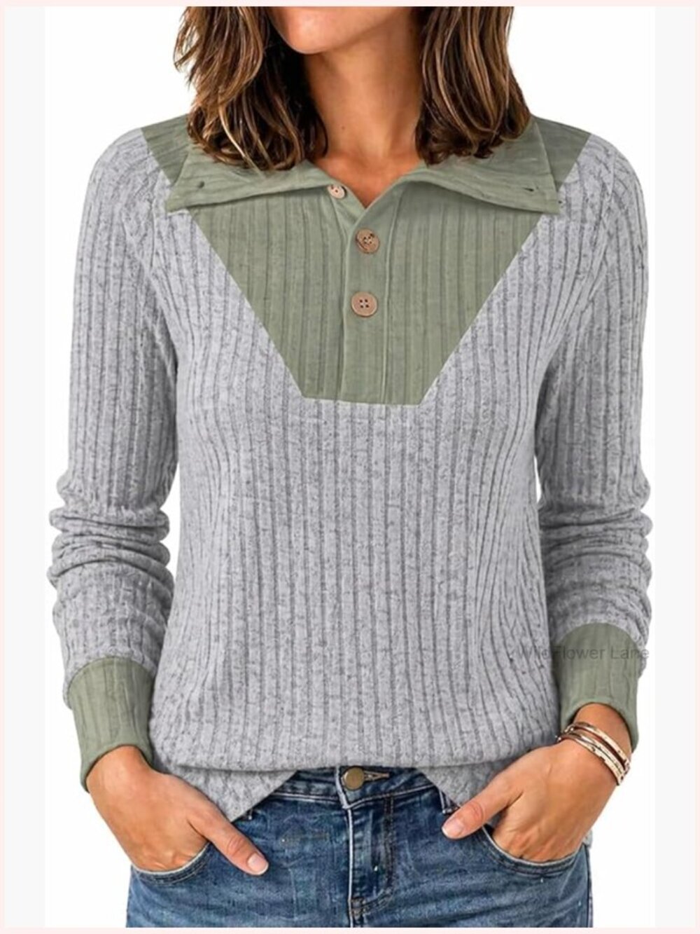 Women's Long Sleeve Color Block V-Neck Pullover Blouse